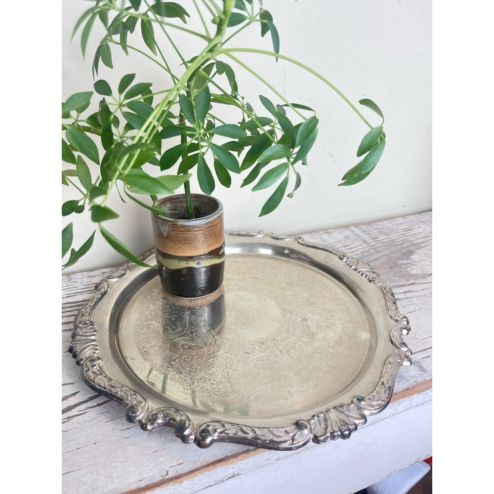 Vintage MCM Sheridan Silver Co Ornate Border Round Silver Plated Tray 12”